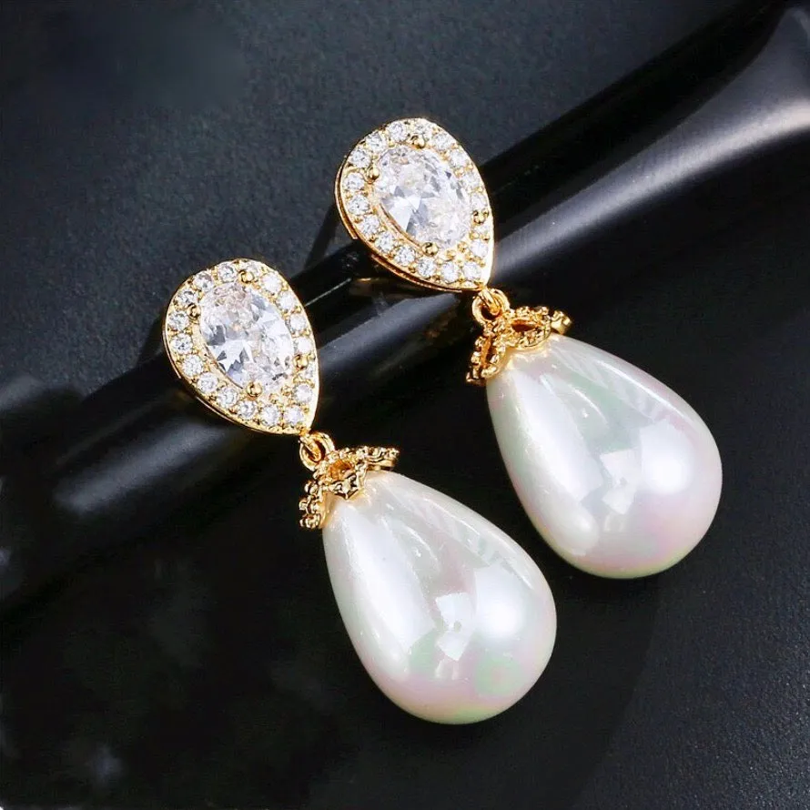 "Kendalyn" - Pearl and Cubic Zirconia Bridal Earrings - Available in Silver, Rose Gold and Yellow Gold