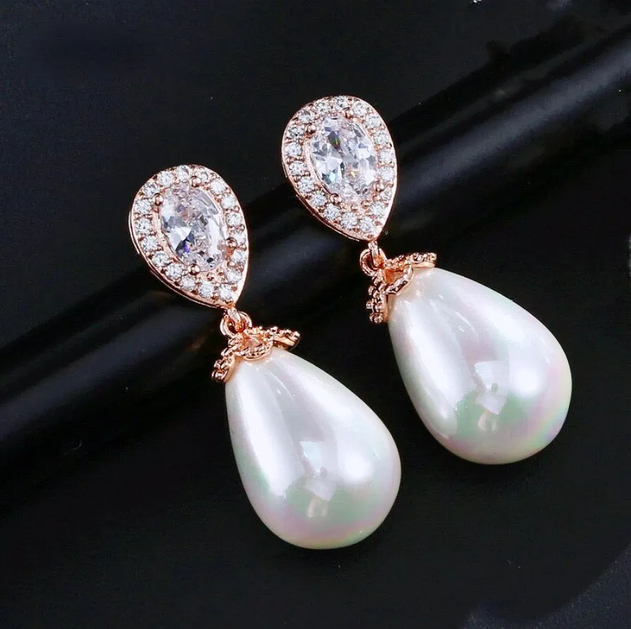 "Kendalyn" - Pearl and Cubic Zirconia Bridal Earrings - Available in Silver, Rose Gold and Yellow Gold