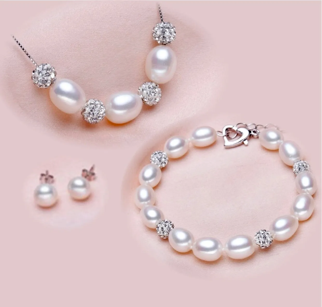 "Violet" - Sterling Silver and Natural Pearl 3-Piece Bridal Jewelry Set - More Colors