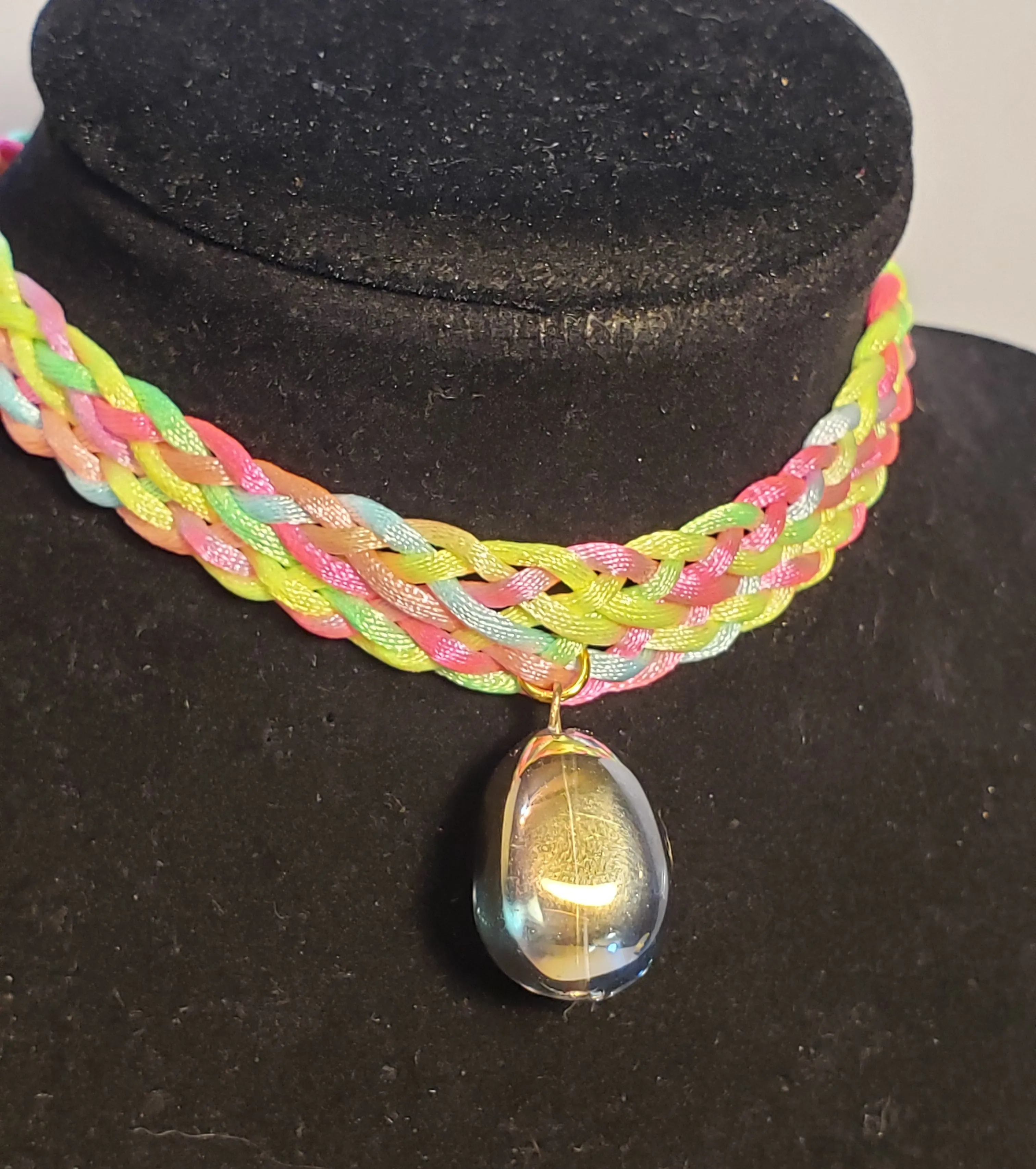 Rainbow / Multi Color Nylon Choker with Iridescent Czech Glass Drop, Adjustable 11.5"-13.5" with Gold Tone Chain & Clasp