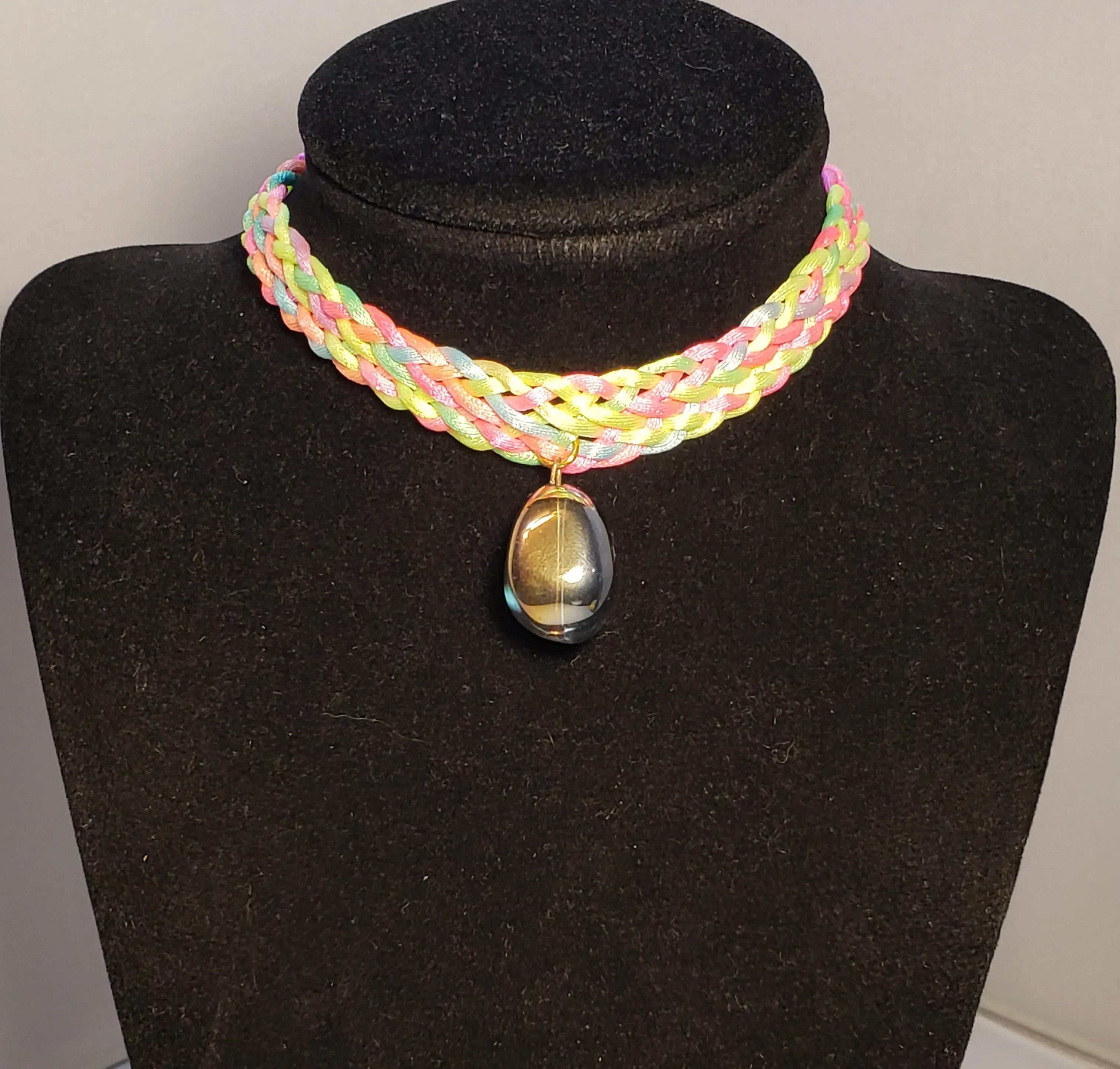 Rainbow / Multi Color Nylon Choker with Iridescent Czech Glass Drop, Adjustable 11.5"-13.5" with Gold Tone Chain & Clasp