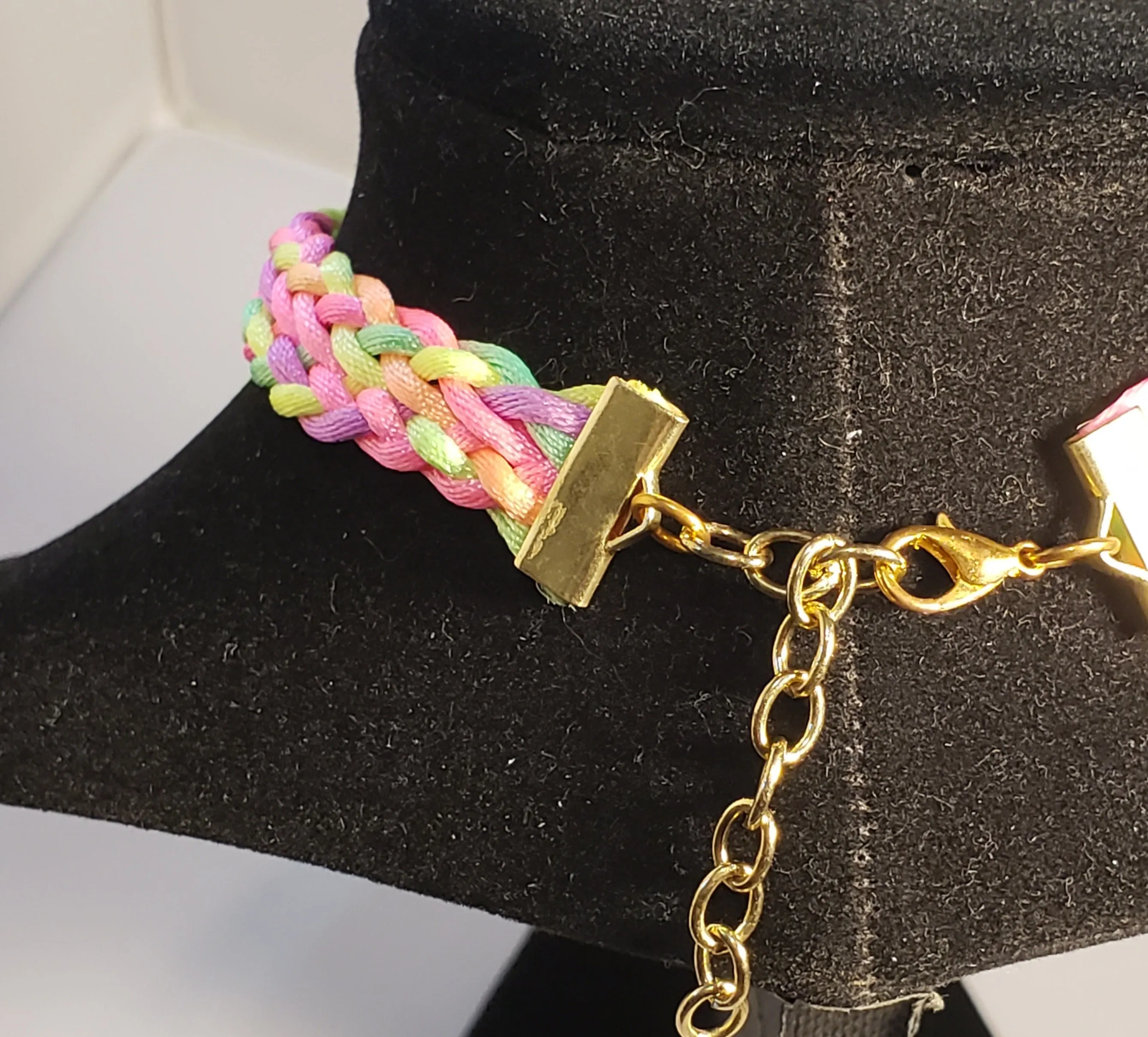 Rainbow / Multi Color Nylon Choker with Iridescent Czech Glass Drop, Adjustable 11.5"-13.5" with Gold Tone Chain & Clasp