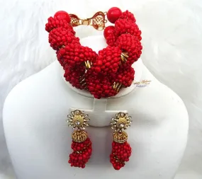 Red Detailed Beaded Bracelet and Earring Beads Jewellery Set