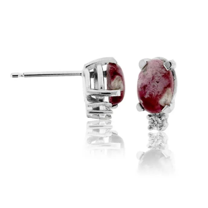 Red Emerald Cabochon & Single Diamond Slight Drop Earrings