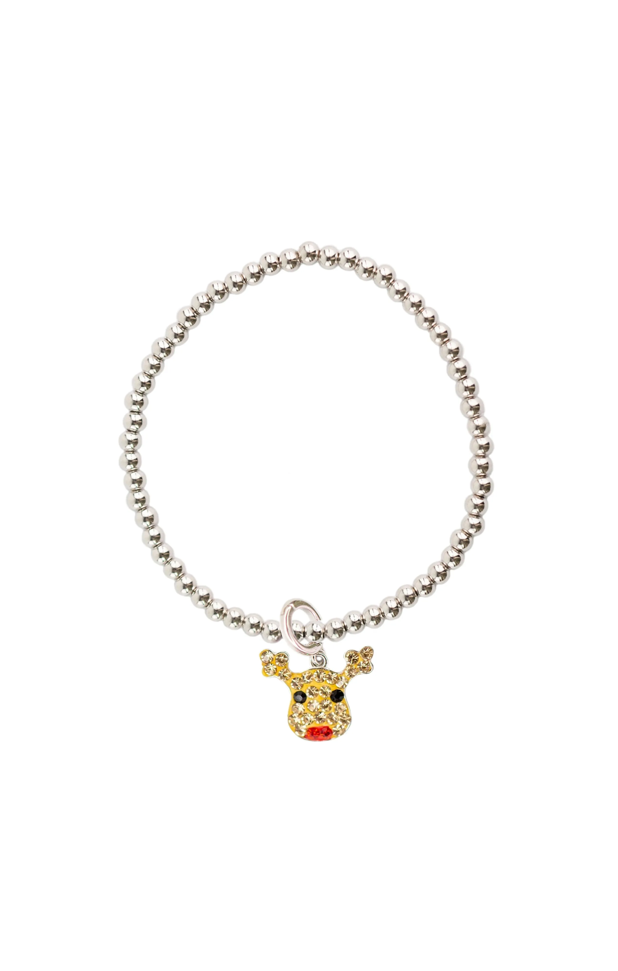 Reindeer Crystal Sterling Silver Beaded Stretch Bracelet