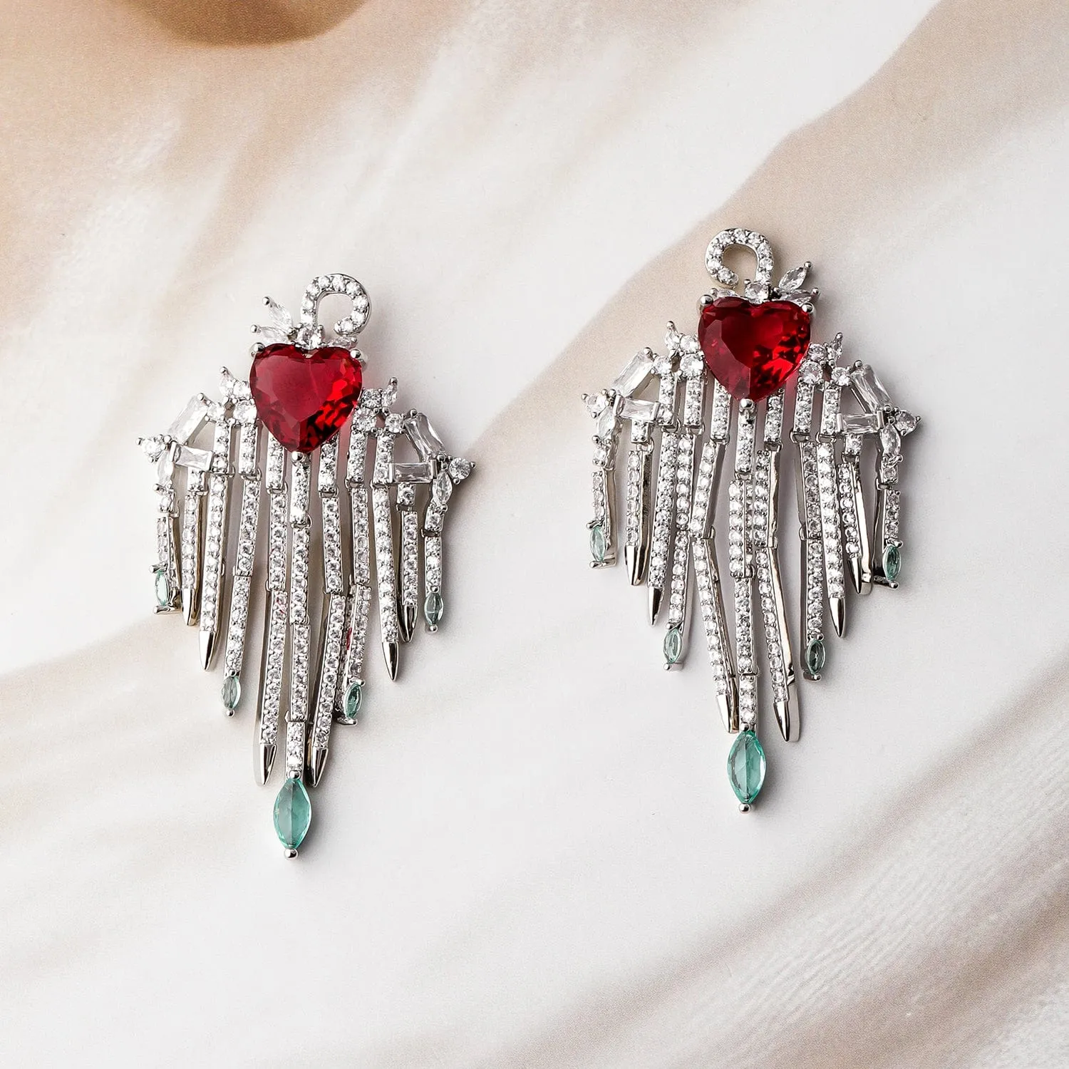 Rhodium-Plated Ruby Heart Multilayered AD & Cubic Zirconia Drop Earrings with Emerald Drops