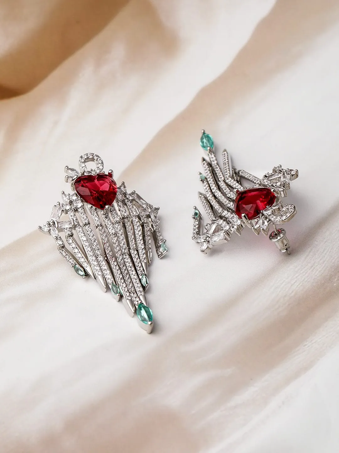 Rhodium-Plated Ruby Heart Multilayered AD & Cubic Zirconia Drop Earrings with Emerald Drops