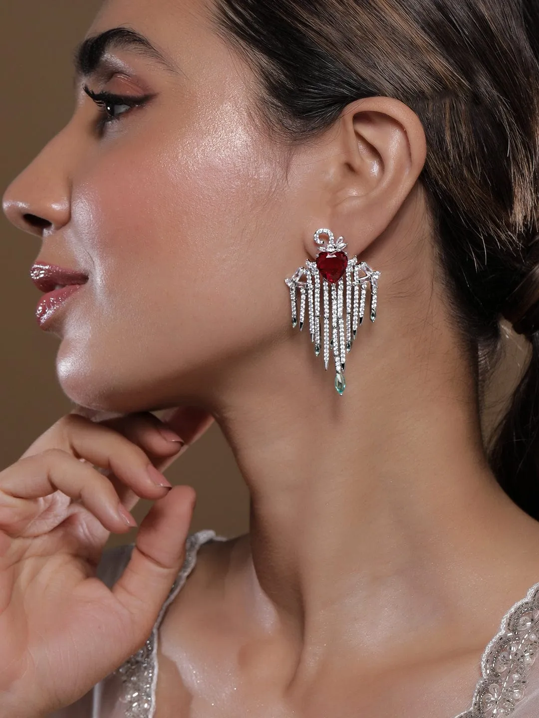 Rhodium-Plated Ruby Heart Multilayered AD & Cubic Zirconia Drop Earrings with Emerald Drops