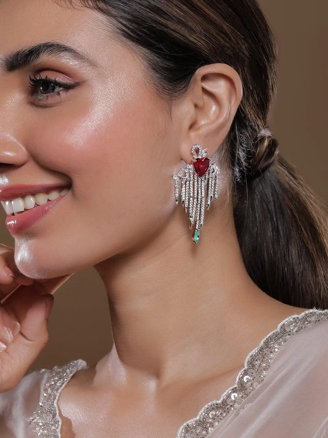 Rhodium-Plated Ruby Heart Multilayered AD & Cubic Zirconia Drop Earrings with Emerald Drops