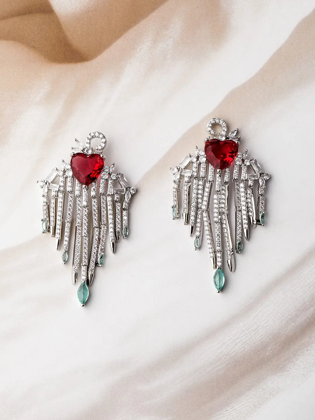 Rhodium-Plated Ruby Heart Multilayered AD & Cubic Zirconia Drop Earrings with Emerald Drops