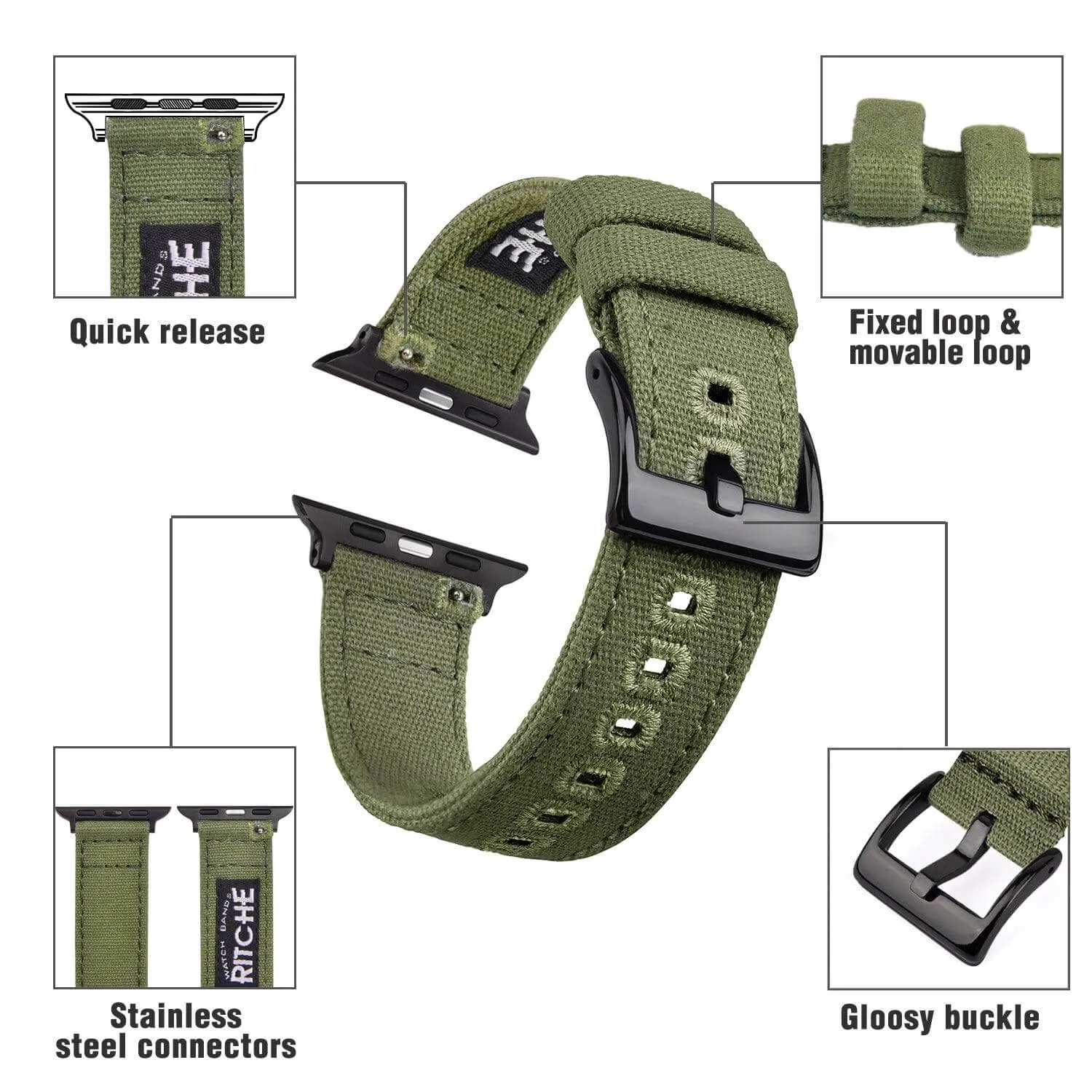 Ritche Army Green Canvas Watch Band For Apple Watch Series 7/6/5/4/3/2/1/SE