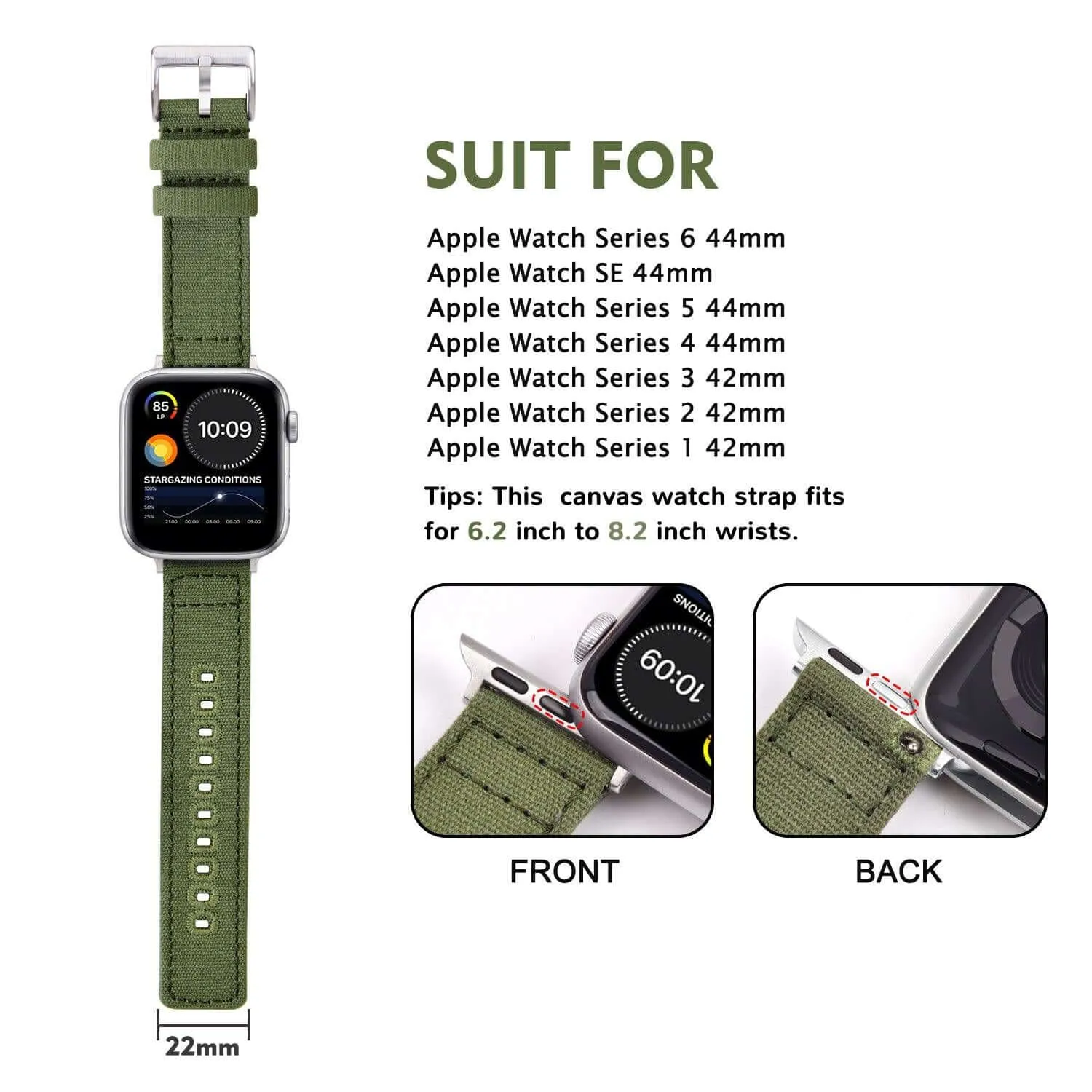 Ritche Army Green Canvas Watch Band For Apple Watch Series 7/6/5/4/3/2/1/SE