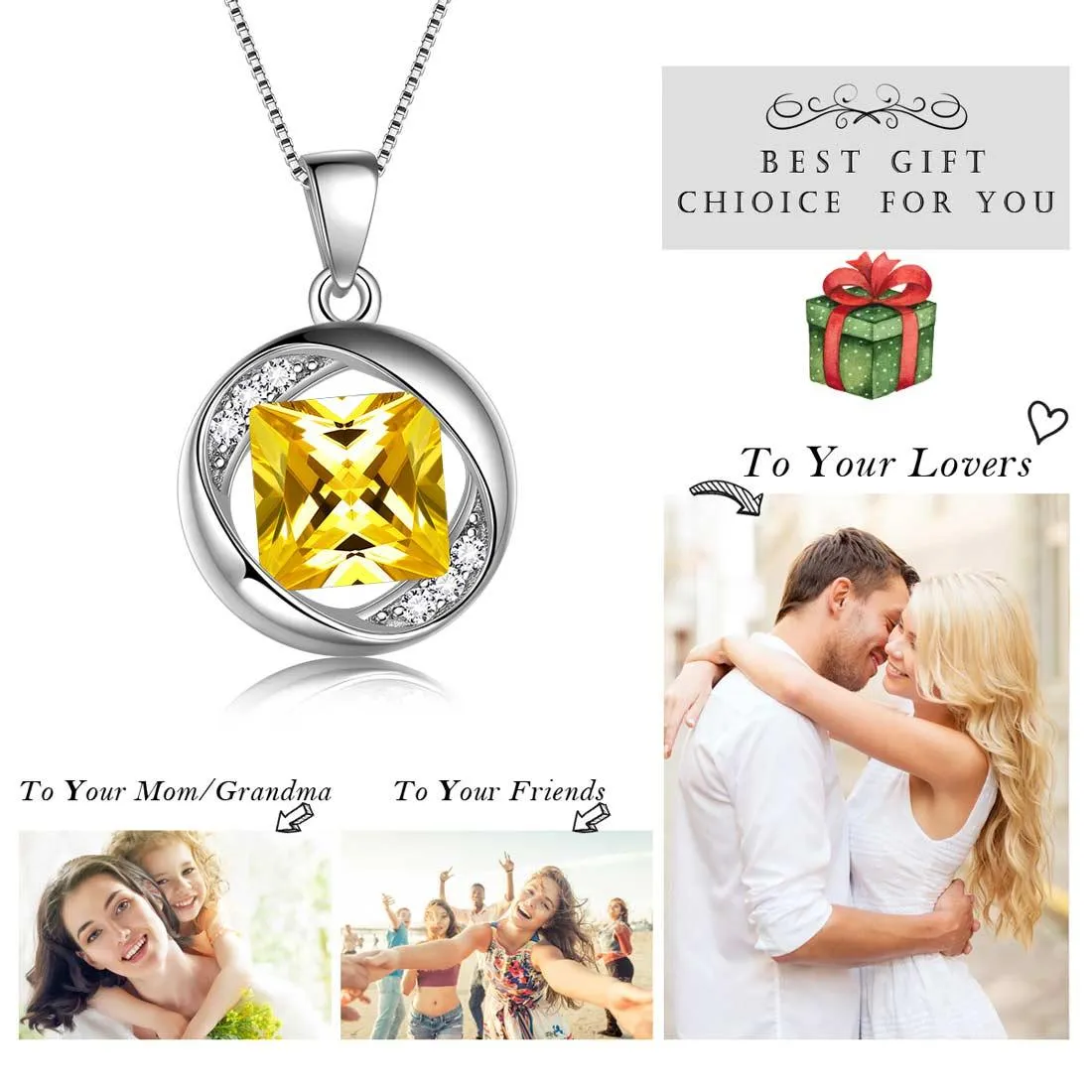 Round Birthstone November Citrine Necklace Pendant Women Girls Jewelry Birthday Gift