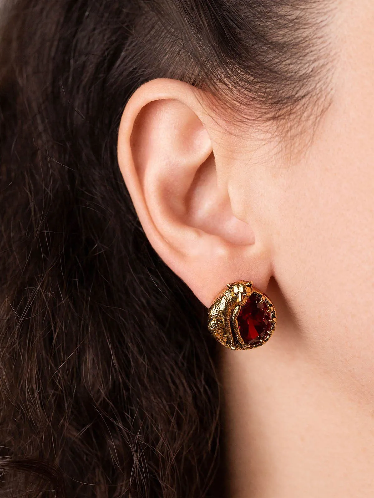 Round Cheetah Earrings With Red CZ Stones