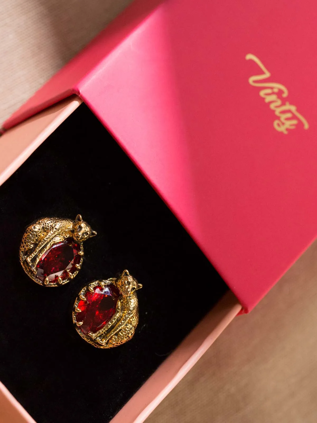 Round Cheetah Earrings With Red CZ Stones