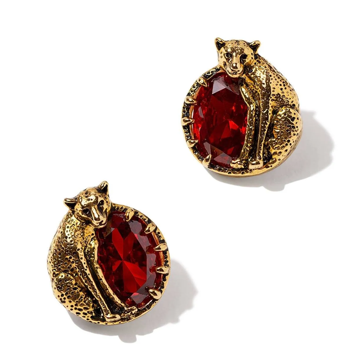 Round Cheetah Earrings With Red CZ Stones