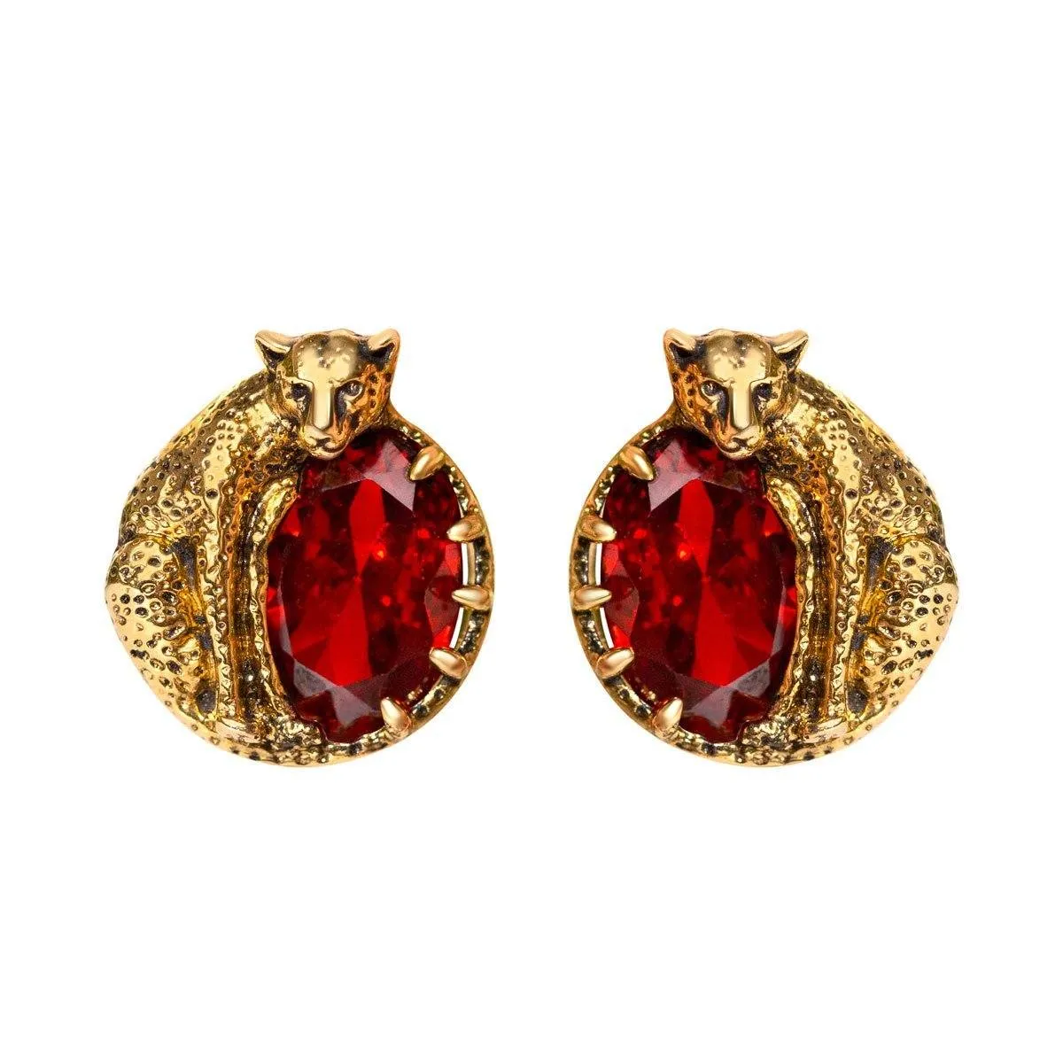 Round Cheetah Earrings With Red CZ Stones