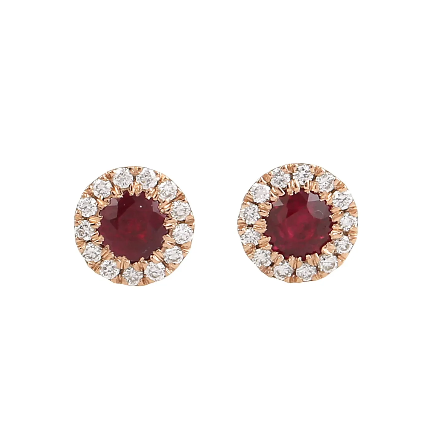 Round Ruby July Birthstone Minimal Stud Earrings Pave Diamond In 18K Rose gold