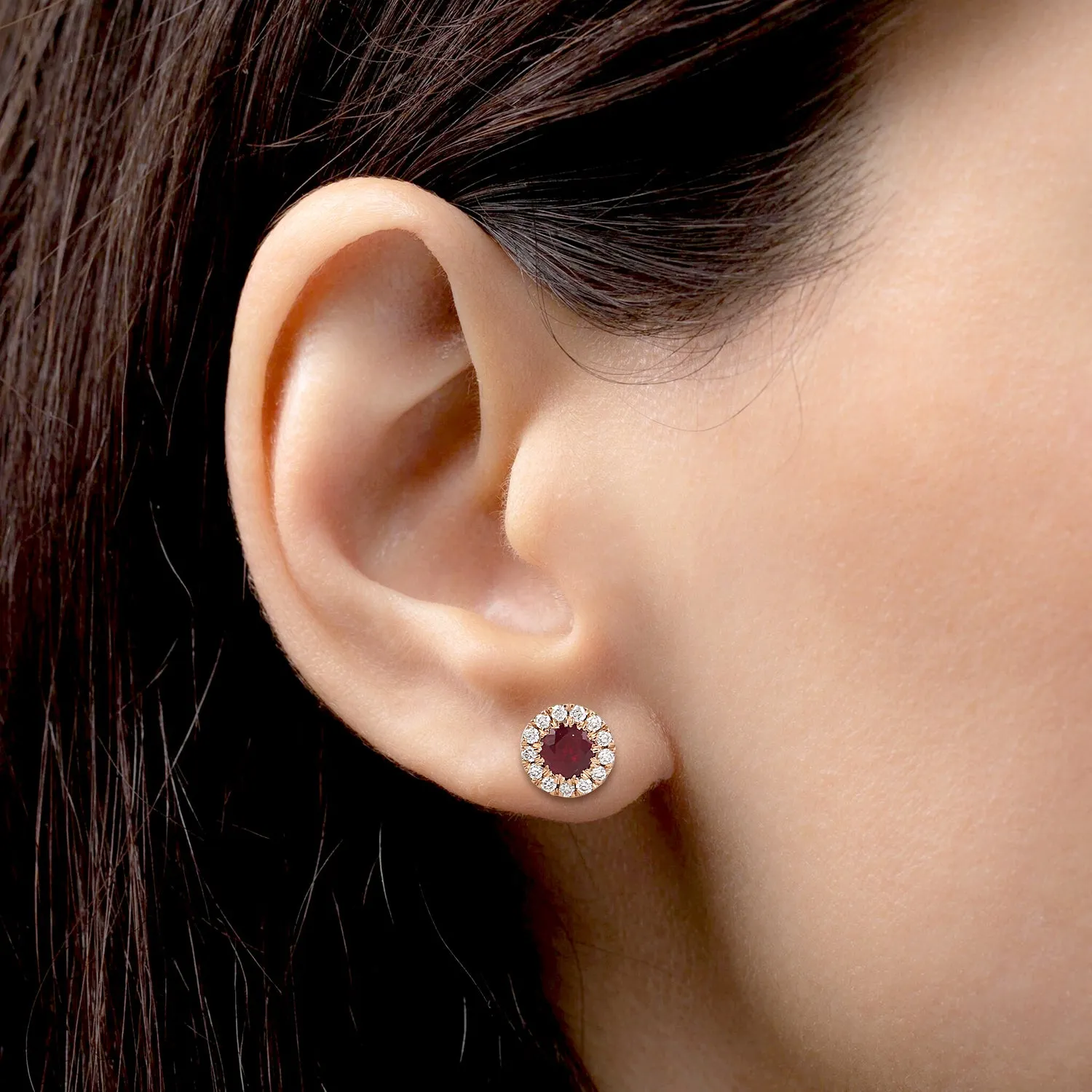 Round Ruby July Birthstone Minimal Stud Earrings Pave Diamond In 18K Rose gold