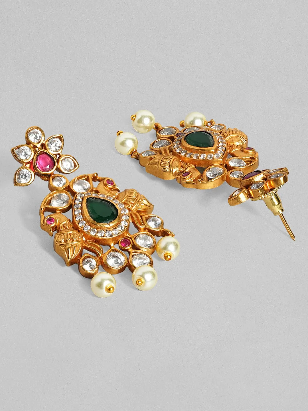 Rubans 22K Gold Plated Handcrafted Faux Ruby with White Pearls Drop Earrings