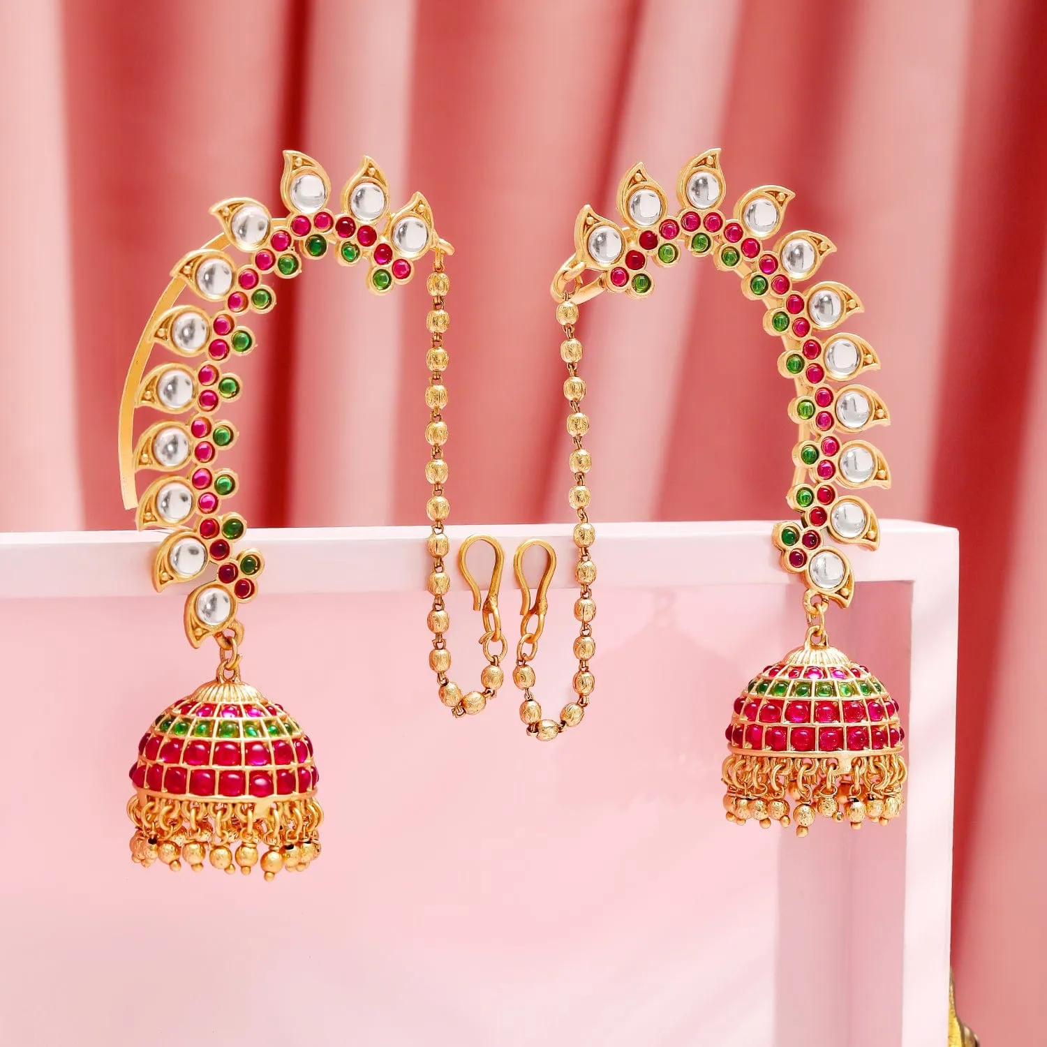 Rubans 22K Gold-Plated Ruby Pink & Emerald Green Kundan Studded Ear Chain Jhumka Earrings