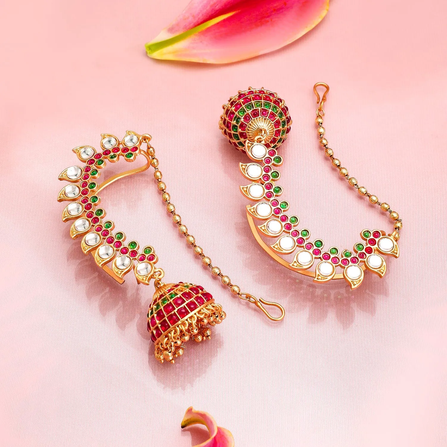 Rubans 22K Gold-Plated Ruby Pink & Emerald Green Kundan Studded Ear Chain Jhumka Earrings