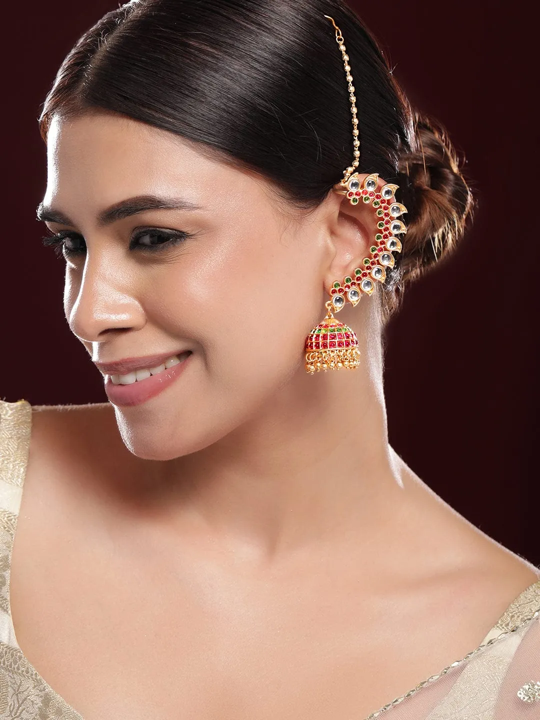 Rubans 22K Gold-Plated Ruby Pink & Emerald Green Kundan Studded Ear Chain Jhumka Earrings