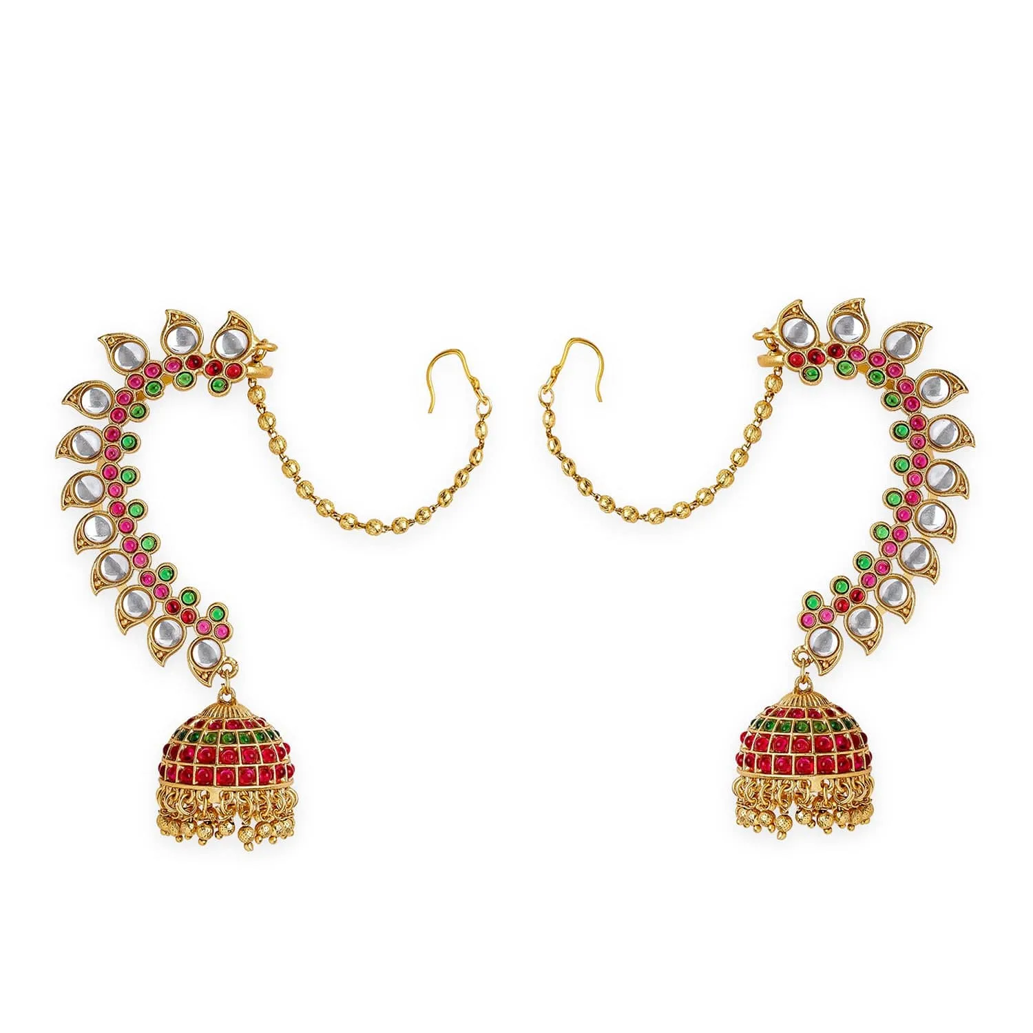 Rubans 22K Gold-Plated Ruby Pink & Emerald Green Kundan Studded Ear Chain Jhumka Earrings