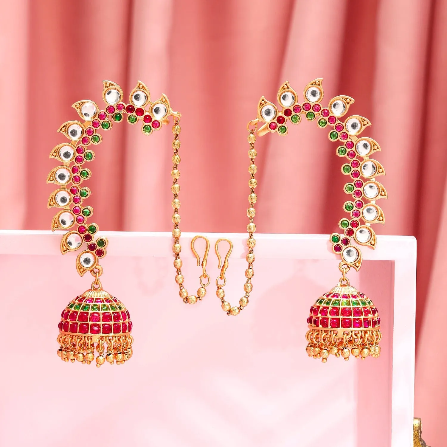 Rubans 22K Gold-Plated Ruby Pink & Emerald Green Kundan Studded Ear Chain Jhumka Earrings