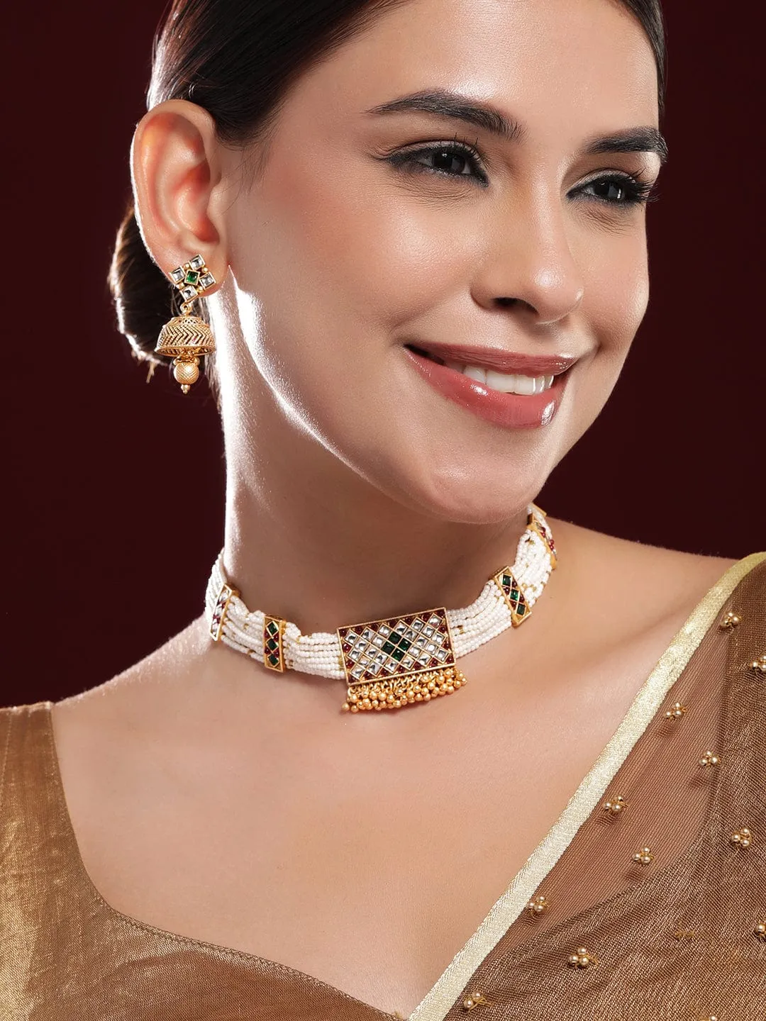 Rubans 24K Gold-Plated Ruby & Emerald Kundan-Studded & Pearl Beaded Jewellery Set