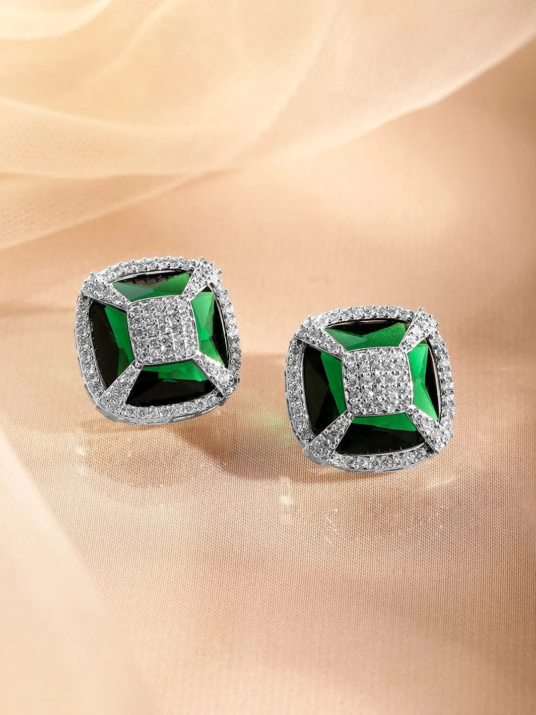 Rubans Rhodium-Plated Emerald Green & Cubic Zirconia Studded Geometric Stud Earrings