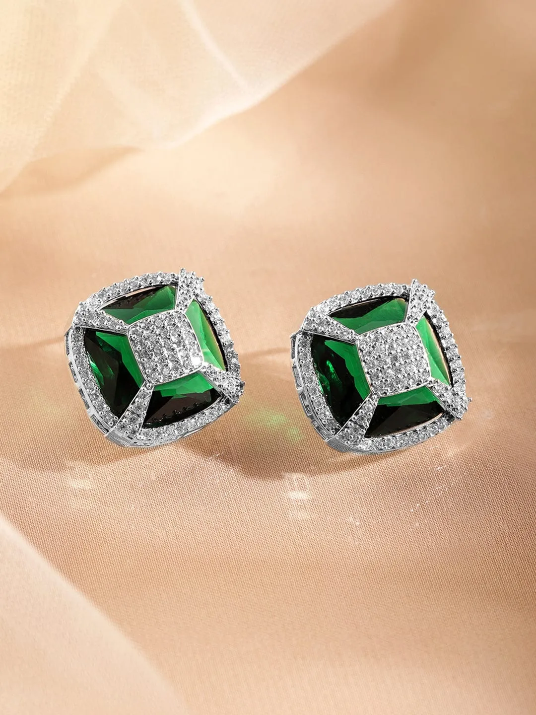 Rubans Rhodium-Plated Emerald Green & Cubic Zirconia Studded Geometric Stud Earrings