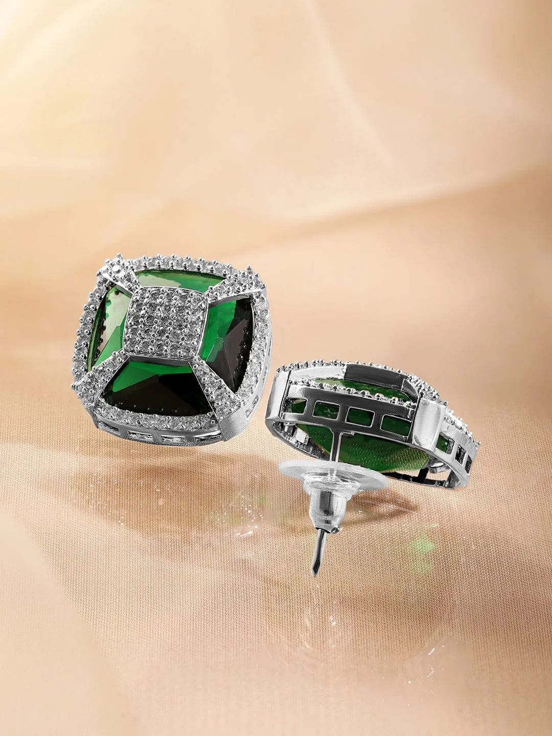 Rubans Rhodium-Plated Emerald Green & Cubic Zirconia Studded Geometric Stud Earrings