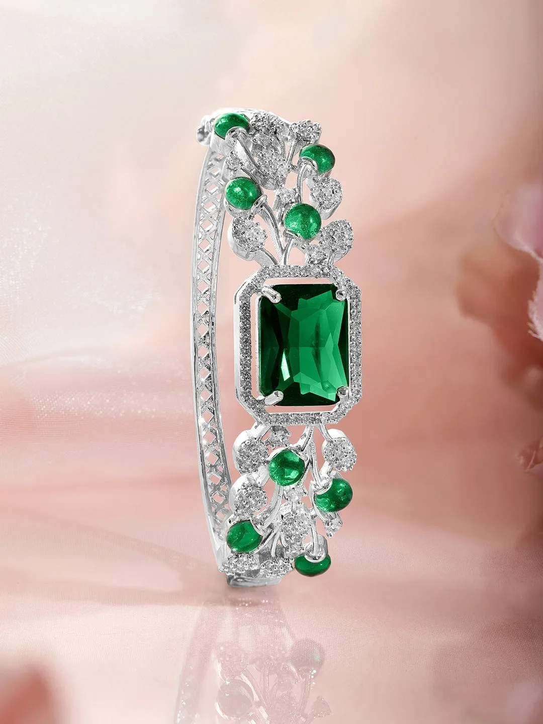 Rubans Rhodium-Plated Emerald Green & Cubic Zirconia Studded Premium Bracelet