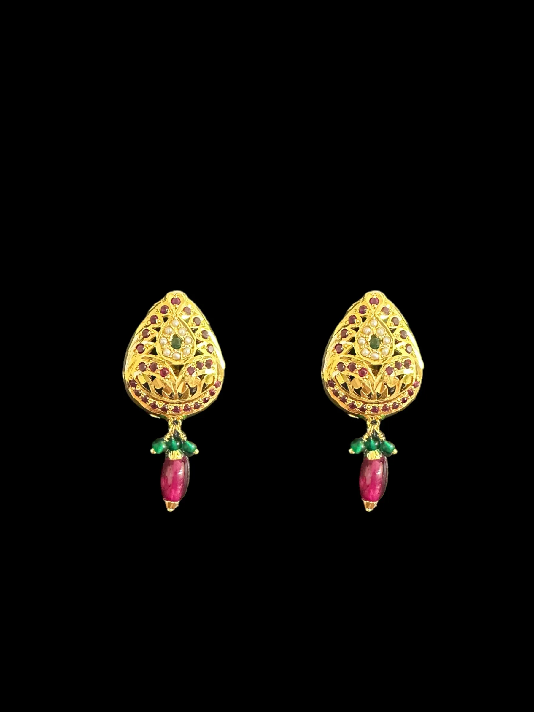 Ruby emerald jadau pendant with earrings in gold plated silver ( READY TO SHIP )