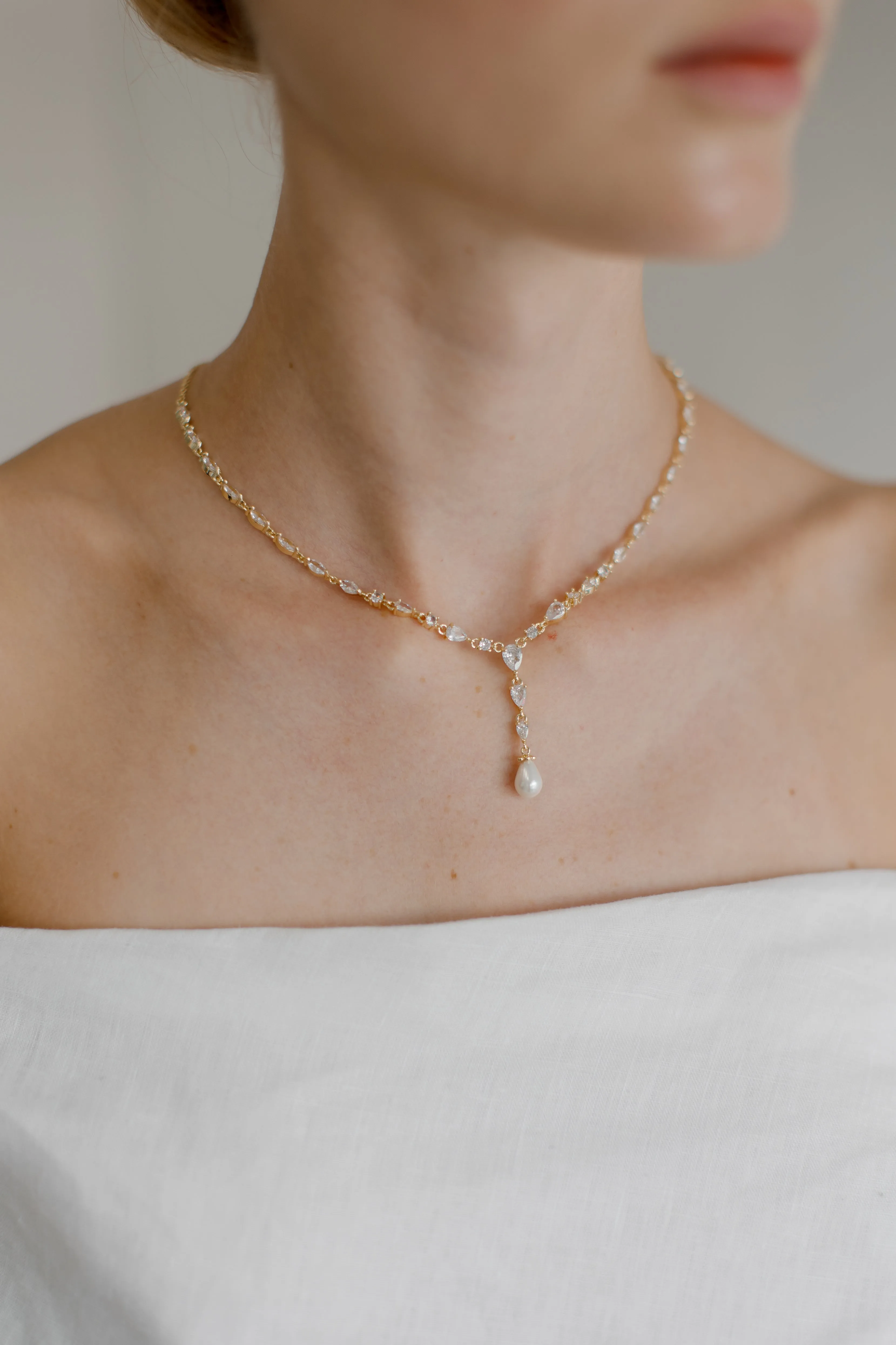 Siena  - Delicate Crystal and Plunging Pearl Drop Bridal Necklace - Gold