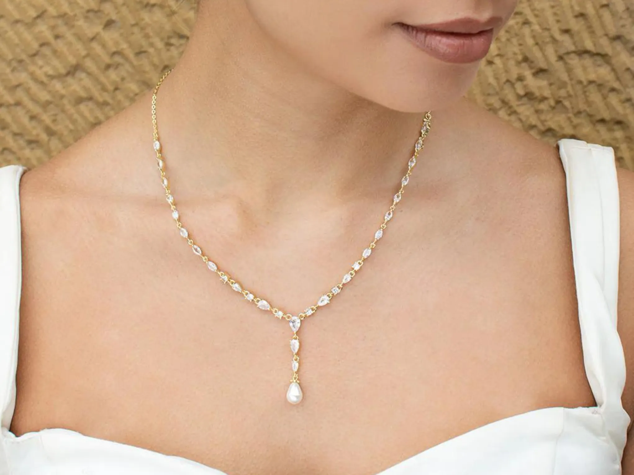 Siena  - Delicate Crystal and Plunging Pearl Drop Bridal Necklace - Gold