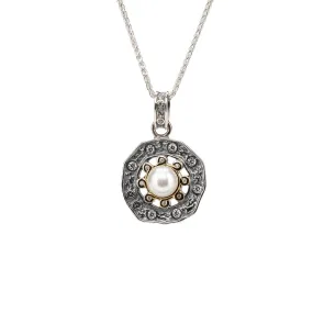 Silver and 10k Gold Aphrodite Circle Spoke Pendant - White Fresh Water Pearl