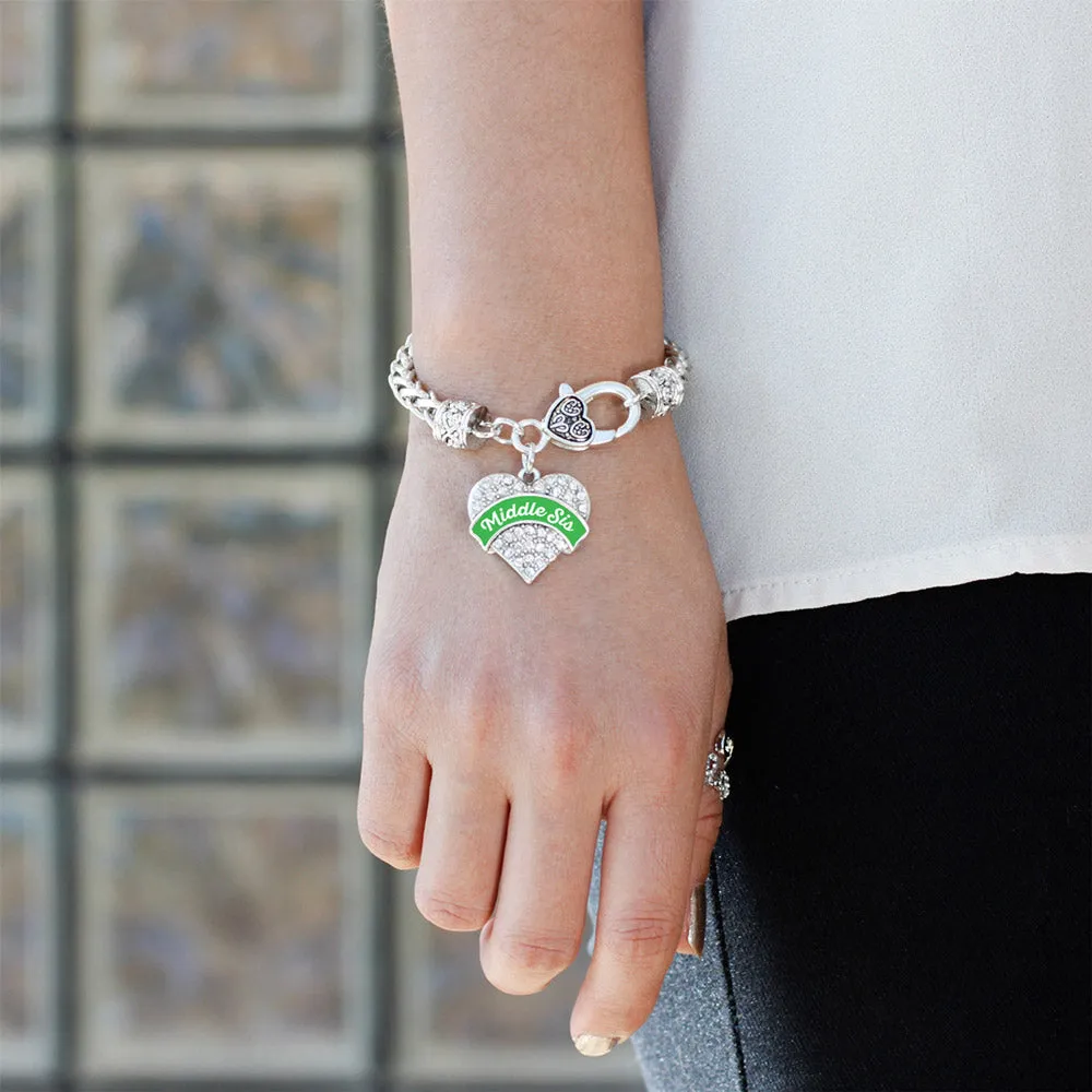 Silver Emerald Green Middle Sister Pave Heart Charm Braided Bracelet