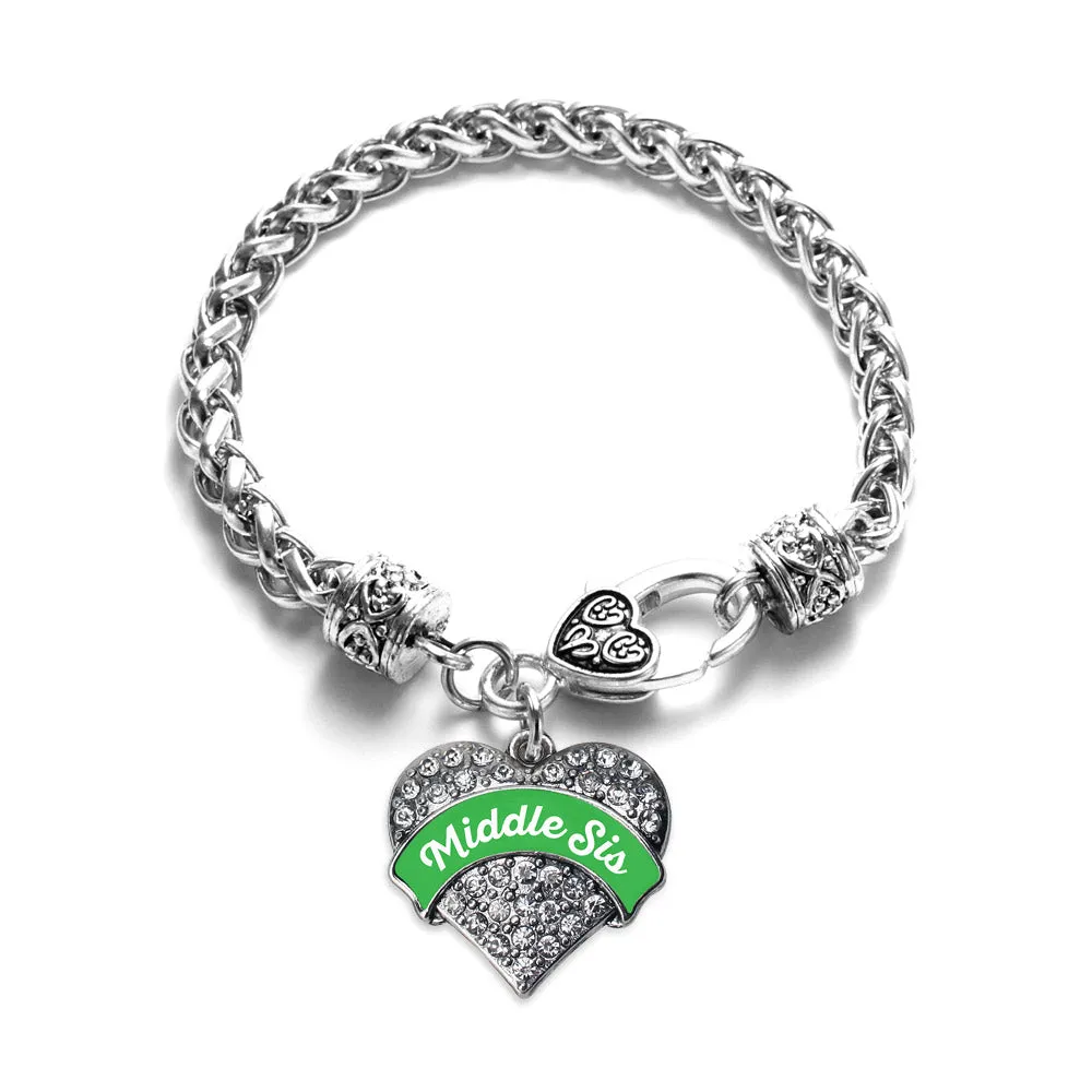 Silver Emerald Green Middle Sister Pave Heart Charm Braided Bracelet