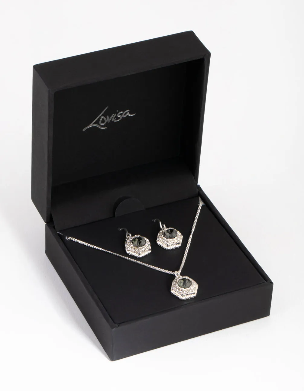 Silver Hexagon Halo Necklace & Earrings Set