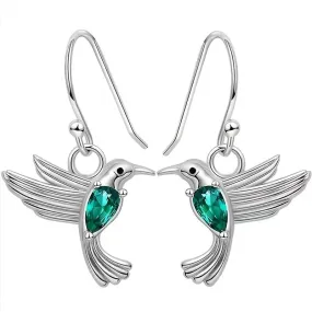 Silver Hummingbird Earrings with Emerald Rhinestone