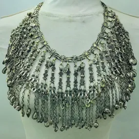 Silver Kuchi Oversized Dangling Tassels Bib Necklace