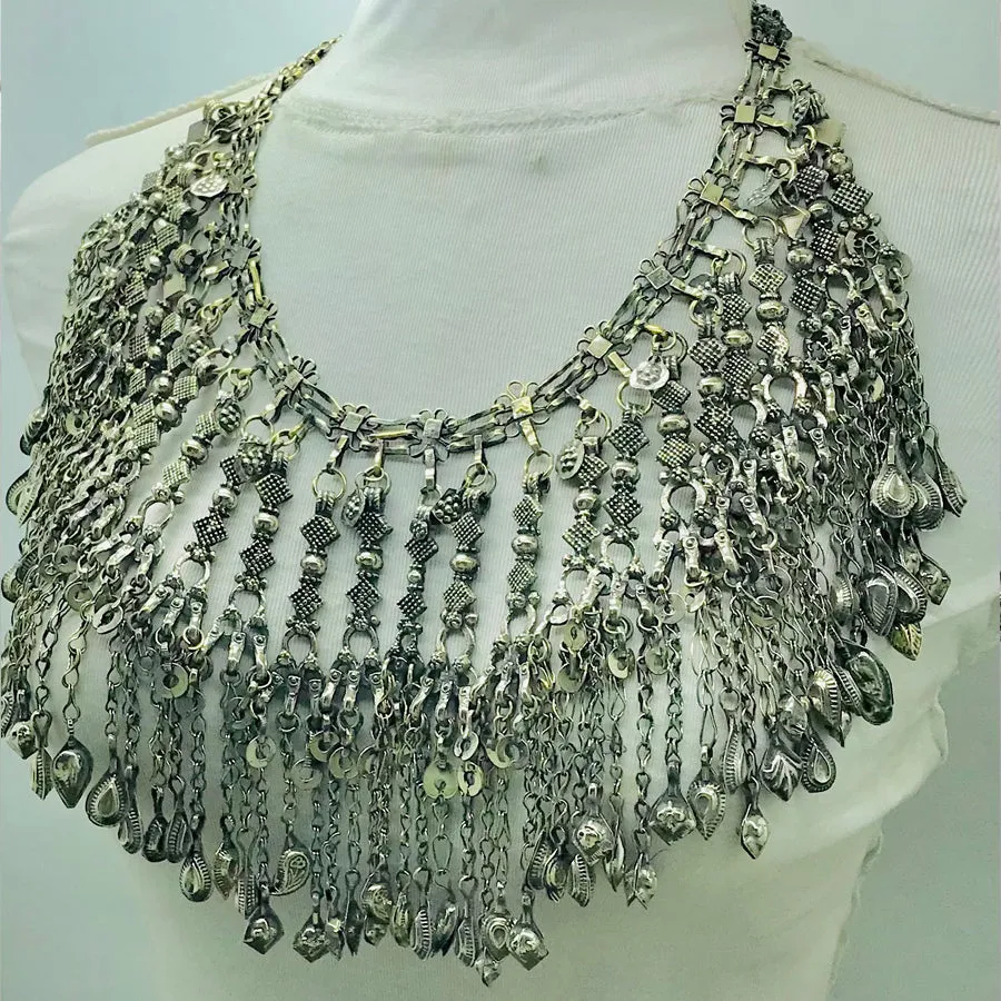 Silver Kuchi Oversized Dangling Tassels Bib Necklace