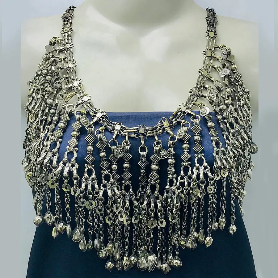 Silver Kuchi Oversized Dangling Tassels Bib Necklace