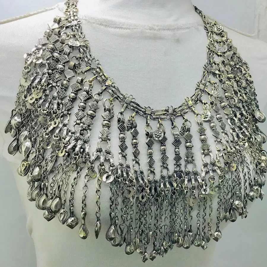 Silver Kuchi Oversized Dangling Tassels Bib Necklace