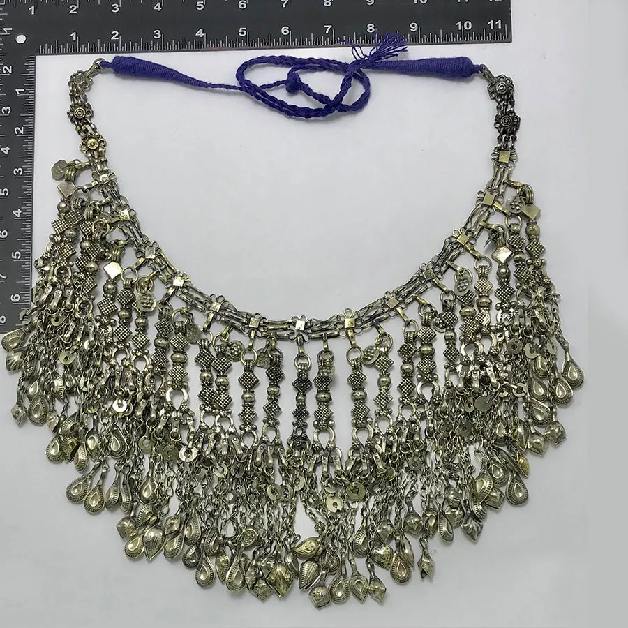 Silver Kuchi Oversized Dangling Tassels Bib Necklace