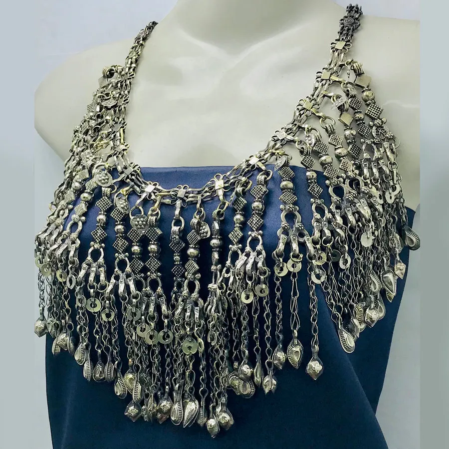 Silver Kuchi Oversized Dangling Tassels Bib Necklace