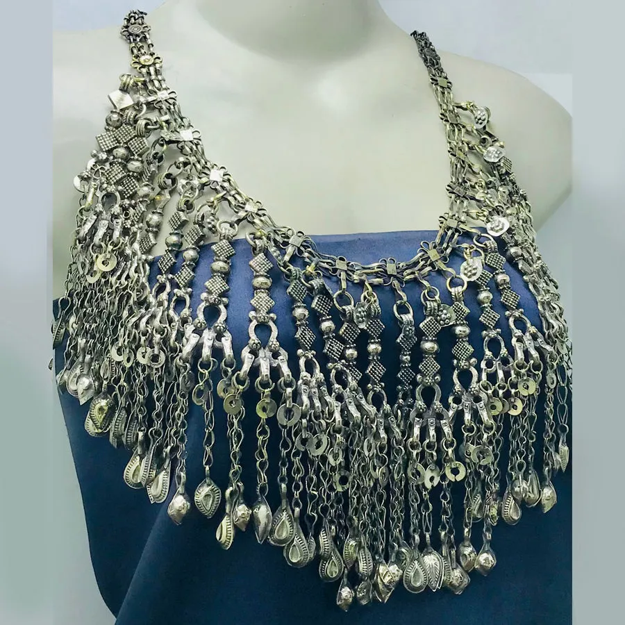 Silver Kuchi Oversized Dangling Tassels Bib Necklace