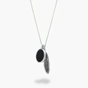 Silver Necklace With Feather And Matte Onyx Charm